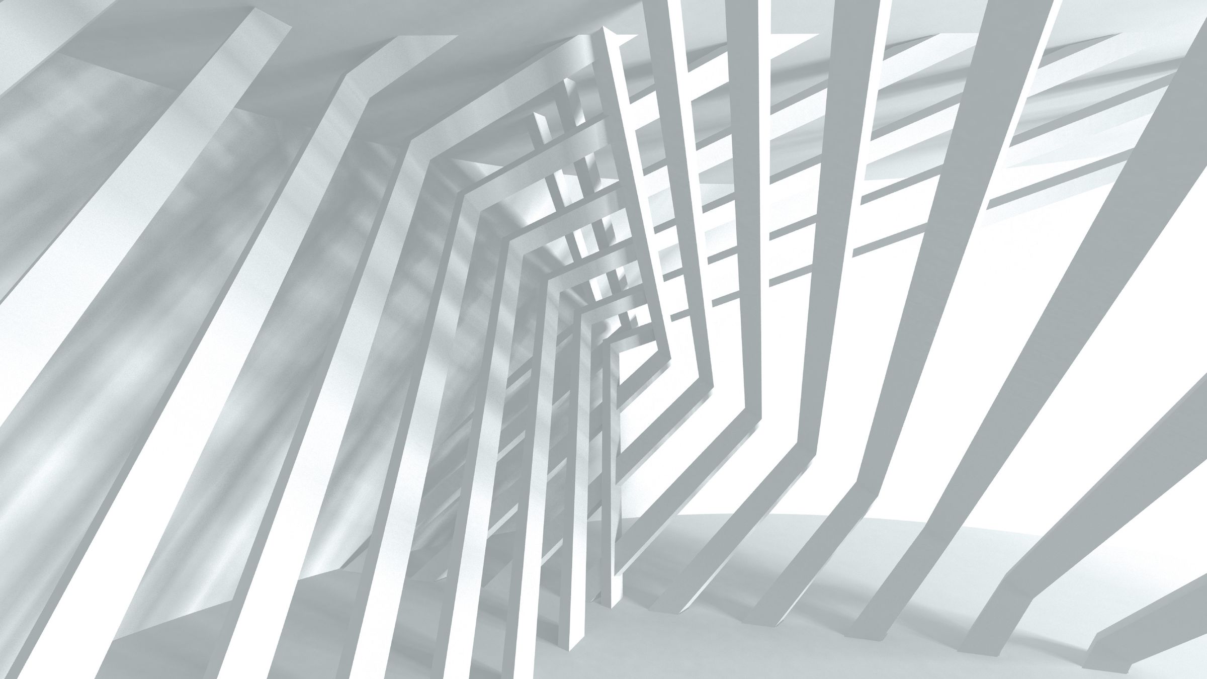 White structural beams forming a geometric passage